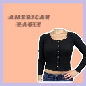 AMERICAN EAGLE Button Front Ribbed Long Sleeve Crop Top w/ Ruffled Neckline
